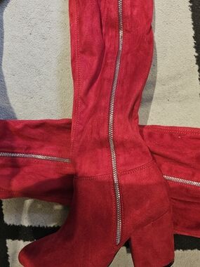 Red Suede Knee-High Zip Boots
